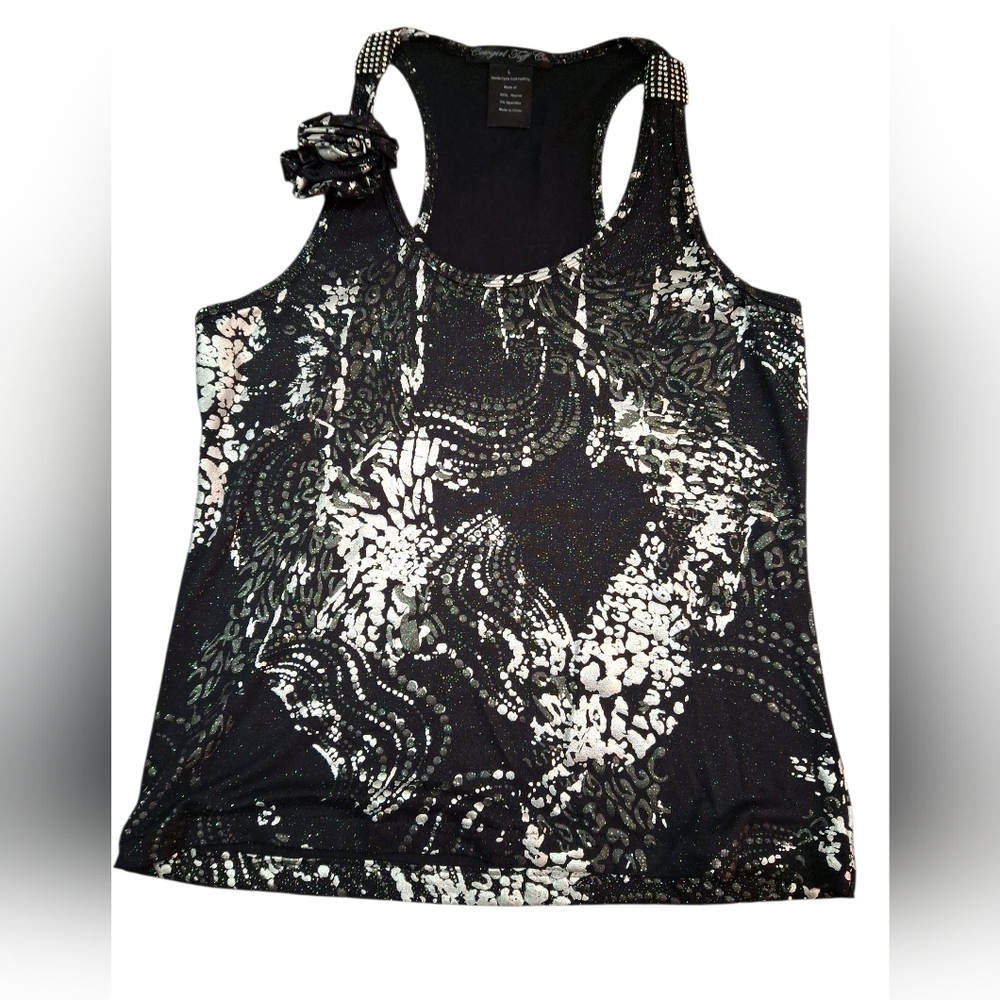 l"Cowgirl Tuff"Black and White Graphic Tank Top with a pin-on fabric flower..